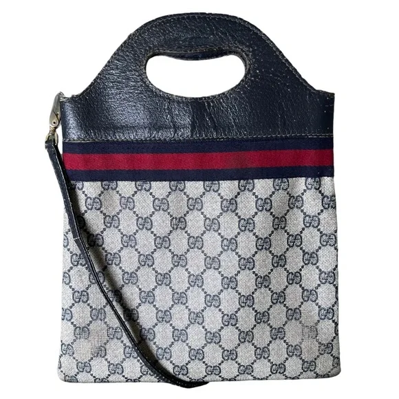 Gucci • RARE Vintage GG Web Monogram Navy PVC Leather Purse Tote Bag Handbag - Picture 2 of 16